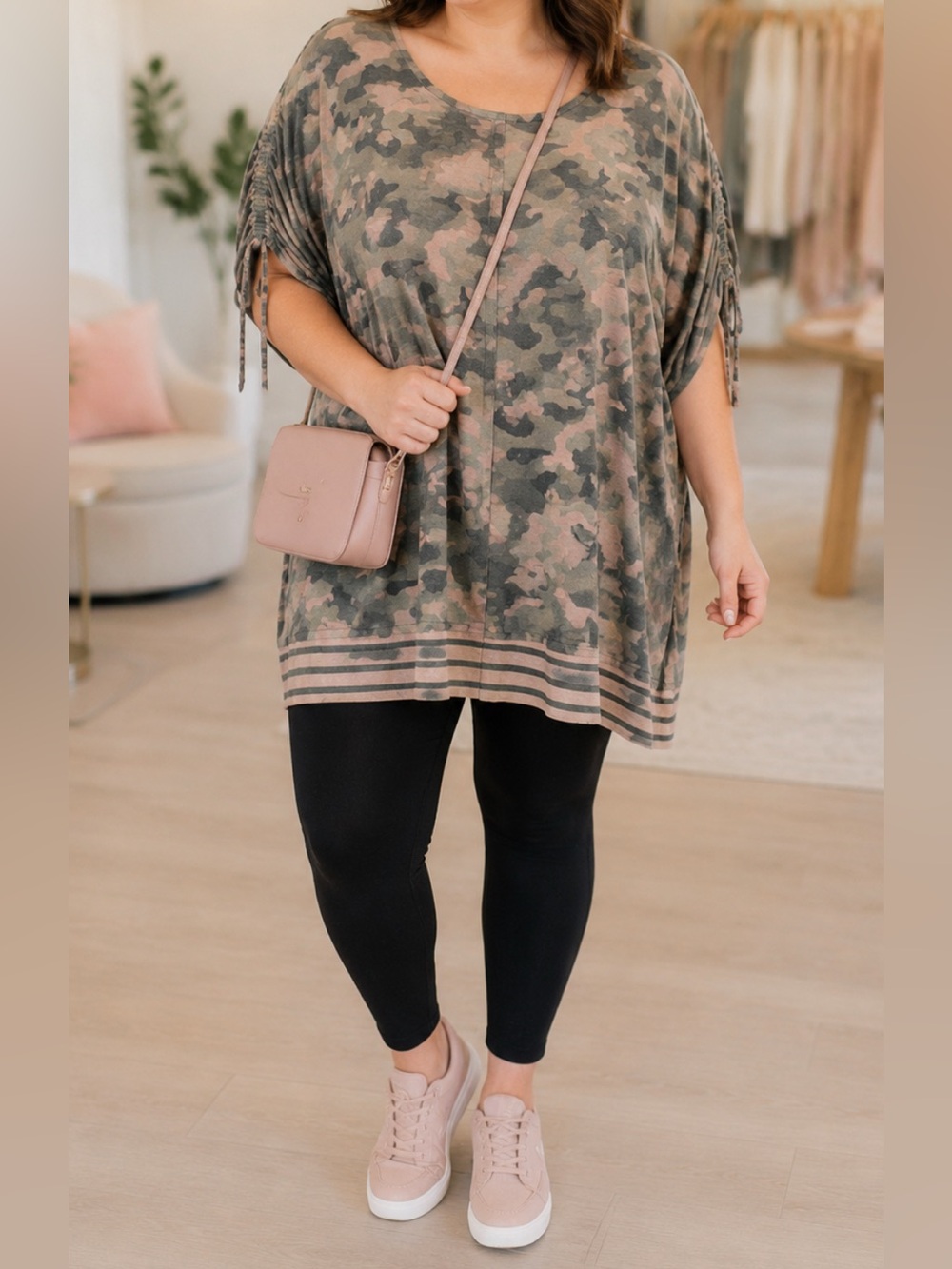 Cato Pink and Gray Camo Scoop Neck Tee with Ruched Sleeve